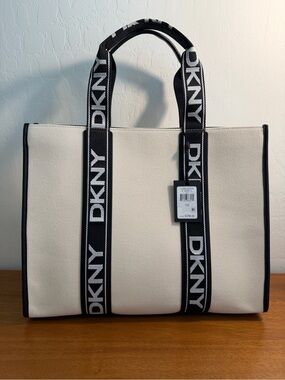 Dkny White Canvas Tote with Black Logo Straps